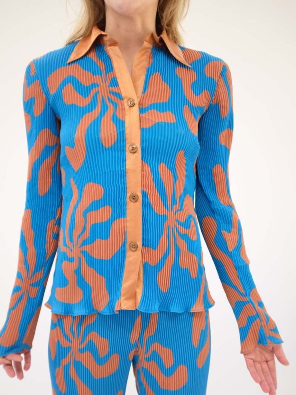 Arthur Hawaii Crimped Shirt 4 Blue Brown Pleated 70s Retro Maximalism Floral